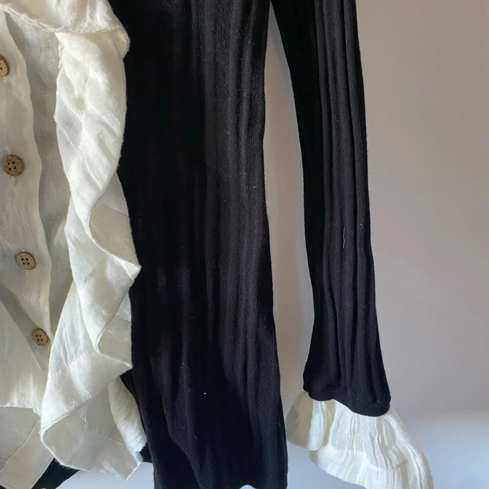 Anthropologie Knitted & Knotted Ruffle Cardigan Black/White Small - Picture 5 of 8